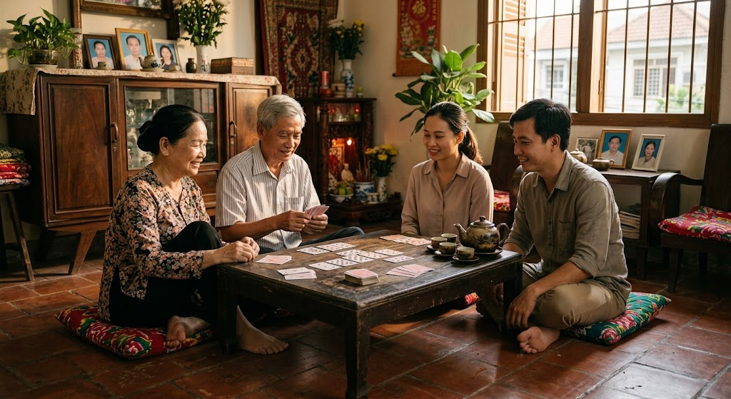 Bốn người ngồi quanh bàn gỗ thấp chơi bài trong phòng khách buổi chiều