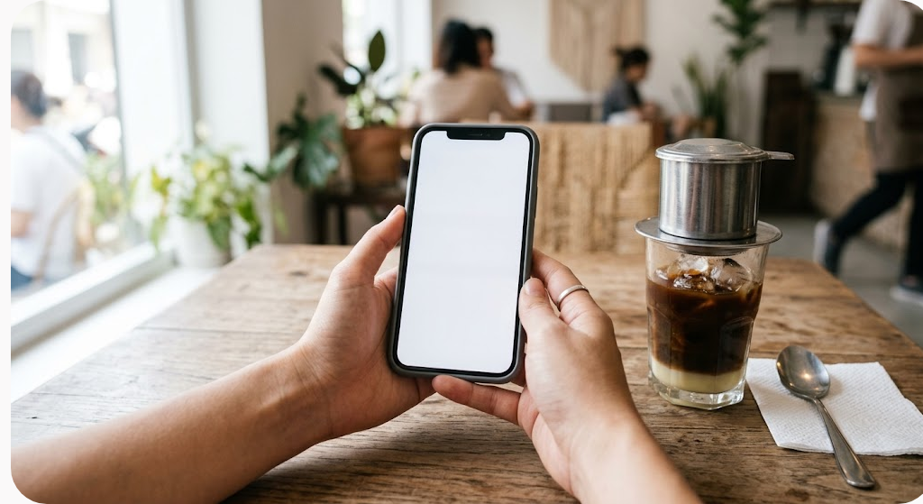 Hai bàn tay cầm điện thoại phát sáng phía trên ly cà phê sữa đá trong quán