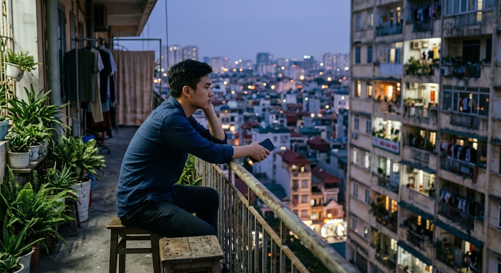 Người đàn ông tựa lan can ban công lúc chạng vạng nhìn ra thành phố